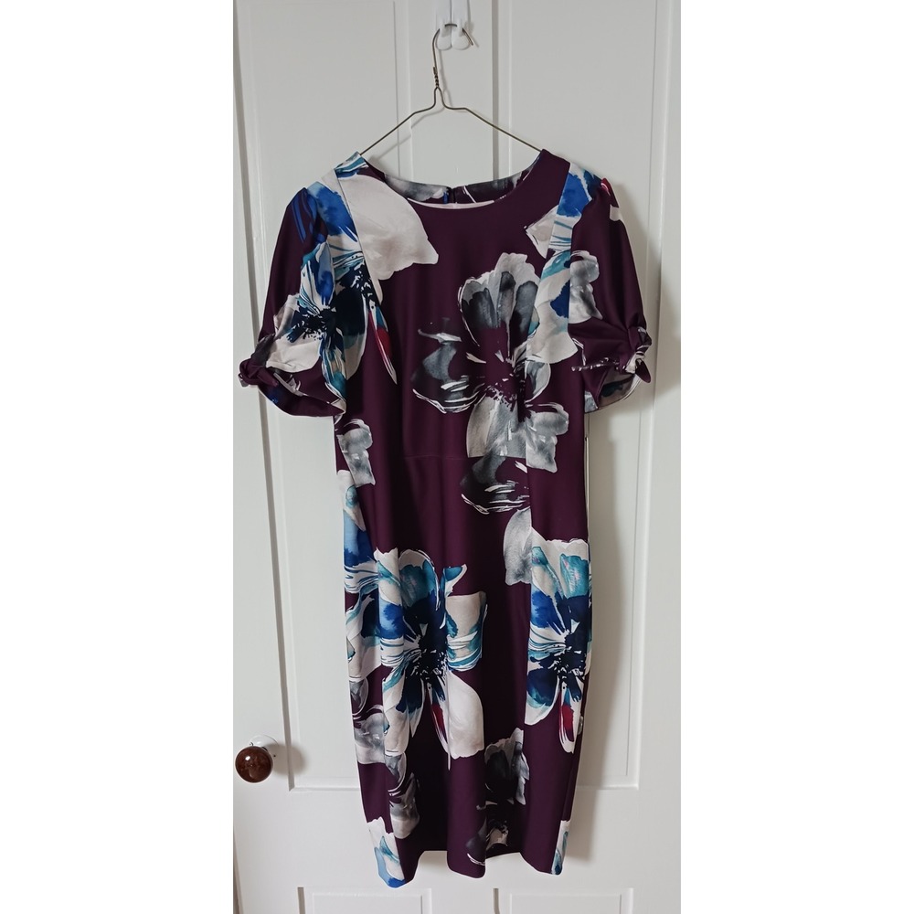 Calvin Klein Plum Colored Large White Floral Print Tie Sleeve Knee Length Dress